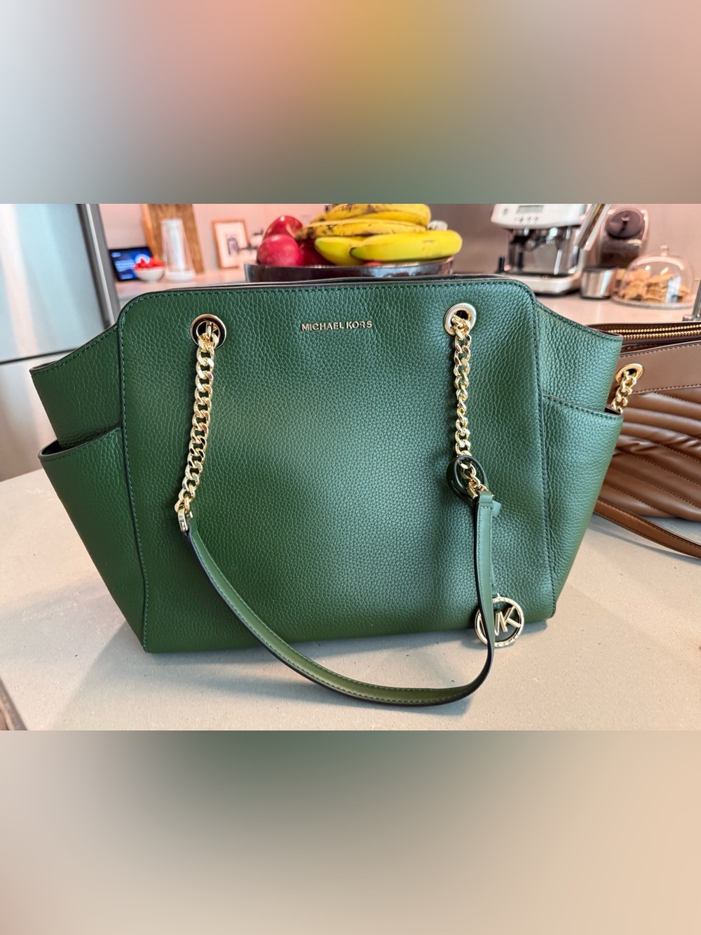 Michael Kors Olive Green Pebbled Leather Shoulder Tote with Gold Chain